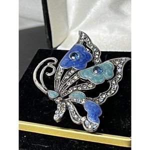 Beautiful Rhinestone and Blue Enameled Butterfly Brooch